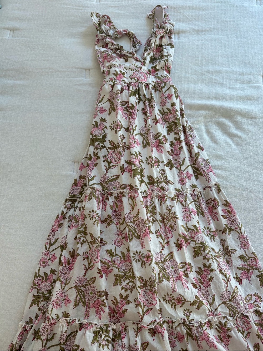 Madison Matthews Floral Ruffle Maxi Dress in White and Pink